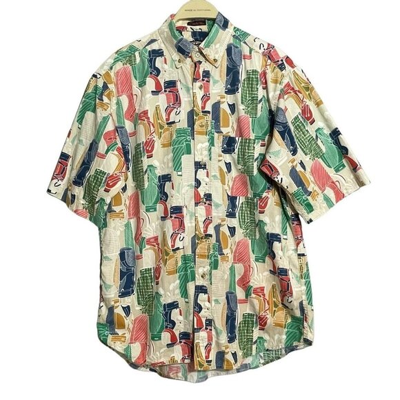 Creek Wood USA Button Shirt Golf Club Men Size M Golfer Retro Pattern Colorful - Picture 1 of 12